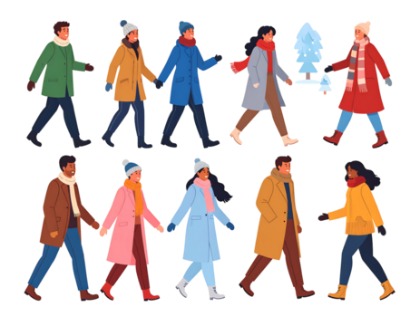 Colorful group of people in winter coats walking, some holding hands, with a small stylized blue tree - Powered by Adobe