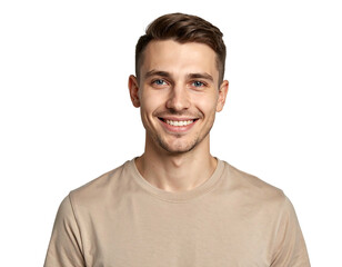 A young man with short hair, blue eyes, and a bright smile poses in a beige tee shirt against black