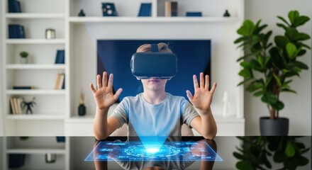 Immersive Virtual Reality Experience: A person wearing a VR headset explores the virtual world. The image showcases the convergence of cutting-edge technology and immersive digital experiences.
