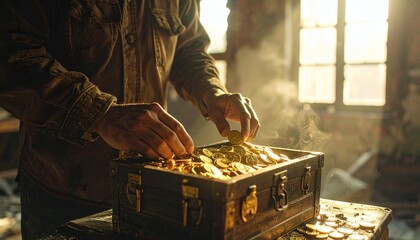 A man opens an old wooden chest overflowing with gleaming gold coins in warm sunlight, symbolizing treasure discovery, wealth, and hidden fortune.