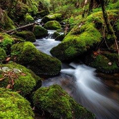 Forest stream flowing through rocks and moss showing natural tranquility and purity