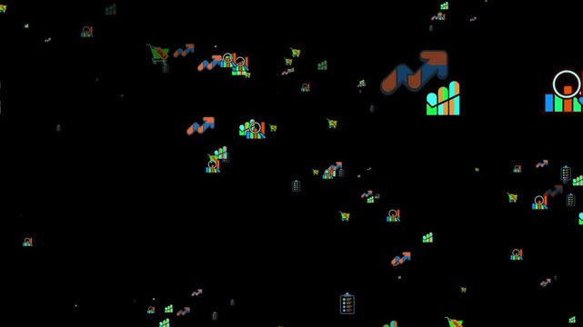 Scattered Business and Finance Icons on Dark Background. Random mixed premium business elements particles 4K animation.