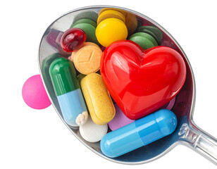 Colorful pills & a red heart nestled in a spoon against a black backdrop