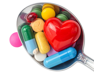 Colorful pills & a red heart nestled in a spoon against a black backdrop