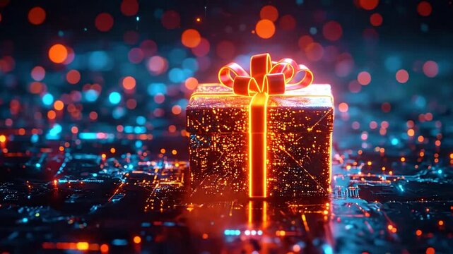 Vibrant digital gift box sparkling with data streams on an advanced circuit board, embodying the spirit of technological innovation, connectivity, and future-forward presents