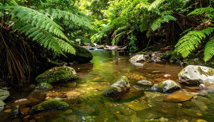 Forest stream with smooth rocks, clear shallow water, and overhanging green ferns in a shaded temperate rainforest