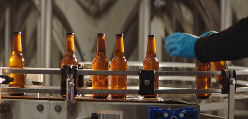 Brown glass beer bottles are moving along a conveyor belt in a beverage factory, with a worker's gloved hands making adjustments during the industrial production process