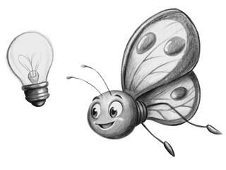 Cute butterfly character with light bulb isolated on transparent background illustration