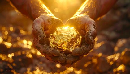 Close-up of muddy hands holding a large glowing gold nugget under warm sunlight, symbolizing discovery, wealth, and the beauty of natural treasures.