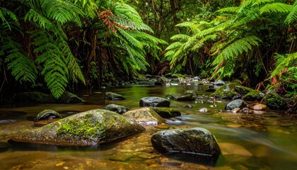 Forest stream with smooth rocks, clear shallow water, and overhanging green ferns in a shaded temperate rainforest