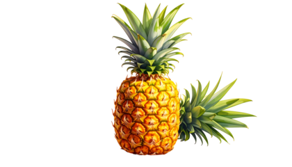 Two pineapples, one upright, another laying, exhibit spiky skins and leafy crowns over a black background