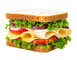 Colorful sandwich with cheese, tomato, lettuce, and onion on toasted wheat bread, isolated on a black background