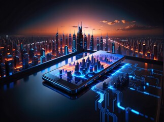 A futuristic smartphone displays a glowing digital cityscape, resting on an illuminated circuit board that mirrors the skyline  blending urban architecture with advanced technology under a vibrant sun