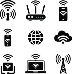 Black Wi-Fi Network Icons Set  Wireless Signal and Internet Connection Symbols