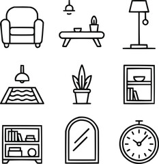 Modern Home Furniture Outline Icons Set  Sofa, Lamp, Table, and Décor Elements