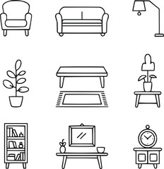 Modern Home Furniture Outline Icons Set  Sofa, Lamp, Table, and Décor Elements