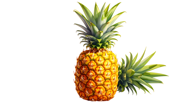 Two pineapples, one upright, another laying, exhibit spiky skins and leafy crowns over a black background