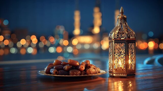 Dates and an ornate lantern on a table for an iftar dinner during the holy month of ramadan