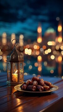 Traditional ramadan lantern and dates on a table for the iftar meal with a mosque in the background