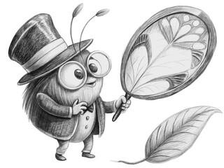 A charming insect detective in a top hat examines a leaf with a magnifying glass isolated on transparent background