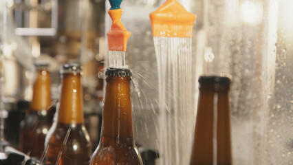 Beer bottles travel on an automated conveyor into a rinsing and cleaning station at a brewery production line, highlighting industrial efficiency and sterile bottling process