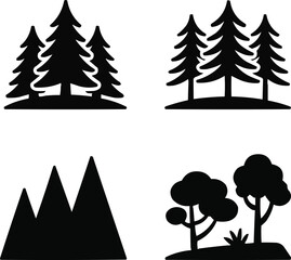 Black Forest Silhouette Icons Set  Trees, Pines, and Nature Landscape Symbols