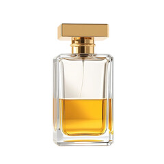 Clear glass perfume bottle with golden liquid and gold cap on white background for luxury product concept
