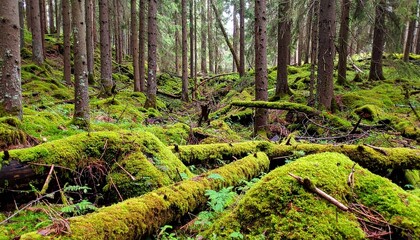 Forest with dense carpet of liverworts and moss on rotting logs in a constantly damp shaded environment