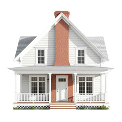 Front view of two-story white house with central chimney and porch on white background for home design concept