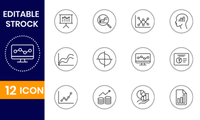 Vector art of collection of business and finance icons, depicting data analysis, growth charts, and investment strategies for success