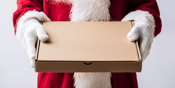 Santa Claus's hands in white gloves hold a cardboard pizza box with space for text. Pizza ad layout, pizza delivery, New Year's gifts from Santa. - Powered by Adobe