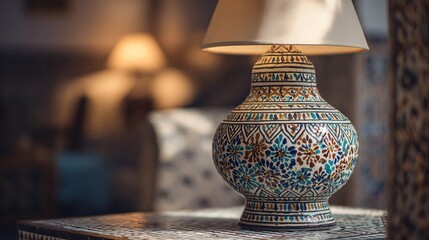 Moroccan ceramic lamp placed in clean Swedish interior