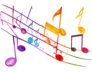 Colorful watercolor music notes float across rainbow staff on a black background, vibrant and lively