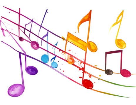 Colorful watercolor music notes float across rainbow staff on a black background, vibrant and lively - Powered by Adobe