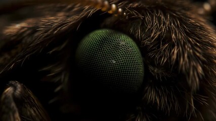 Close-up of a hexagonal-patterned, green insect eye surrounded by hair