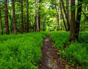 Forest with dense growth of horsetail plants along a damp forest trail in early summer