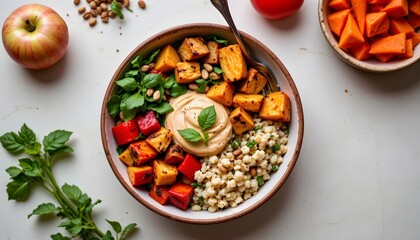 Delicious Healthy Bowl with Roasted Vegetables Quinoa and Pastry Cream Garnished with Fresh Herbs