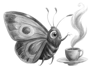 Hand drawn butterfly with coffee isolated on transparent background having a hot drink