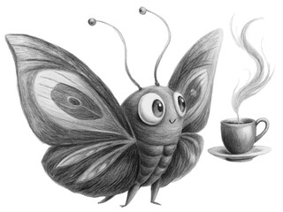 Hand drawn butterfly with coffee isolated on transparent background having a hot drink