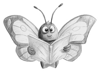 Cute butterfly reading a book isolated on transparent background in pencil drawing style