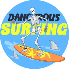 Skeleton surfing with dangerous sharks funne print illustration art