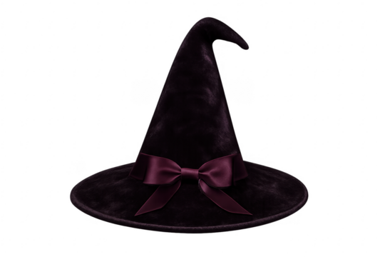 Dark velvet witch hat with purple ribbon bow