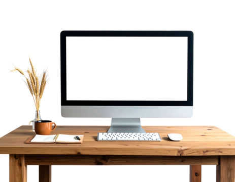 Computer setup on wood desk coffee cup, notebook, wheat grass, and mouse complete the workspace against a black background
