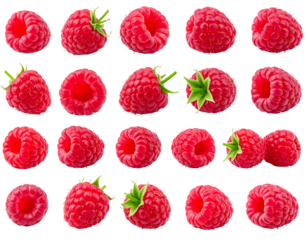 Rows of red raspberries with small green stems, presented on a black background in a neat grid pattern