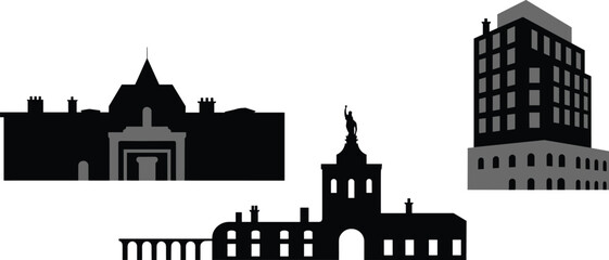 Obraz premium Silhouette of three buildings in classical, judicial, and modern styles, black vector illustration for architecture, urban planning, and heritage concept