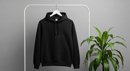 Stylish Black Hoodie on Hanger with a Green Plant Backdrop