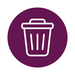 White outline of a trash can icon on a purple circle isolated on transparent background