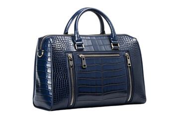 Luxury Crocodile-Embossed Dark Blue Leather Handbag isolated on white background.  Structured Designer Tote with Metallic Hardware on white .