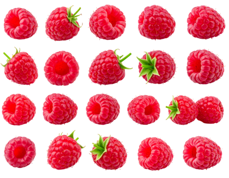 Rows of red raspberries with small green stems, presented on a black background in a neat grid pattern
