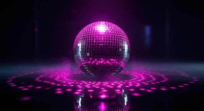 glittering disco ball shines with vibrant pink and purple neon light on dark background. its reflection creates dazzling pattern. party and celebration concept. event flyer, poster, banner. - Powered by Adobe